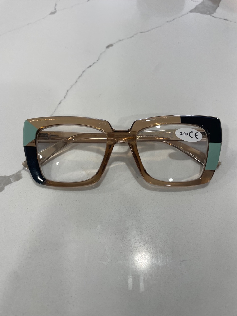 Retro Square Reading Glasses - Tan with Mint & Black Accents